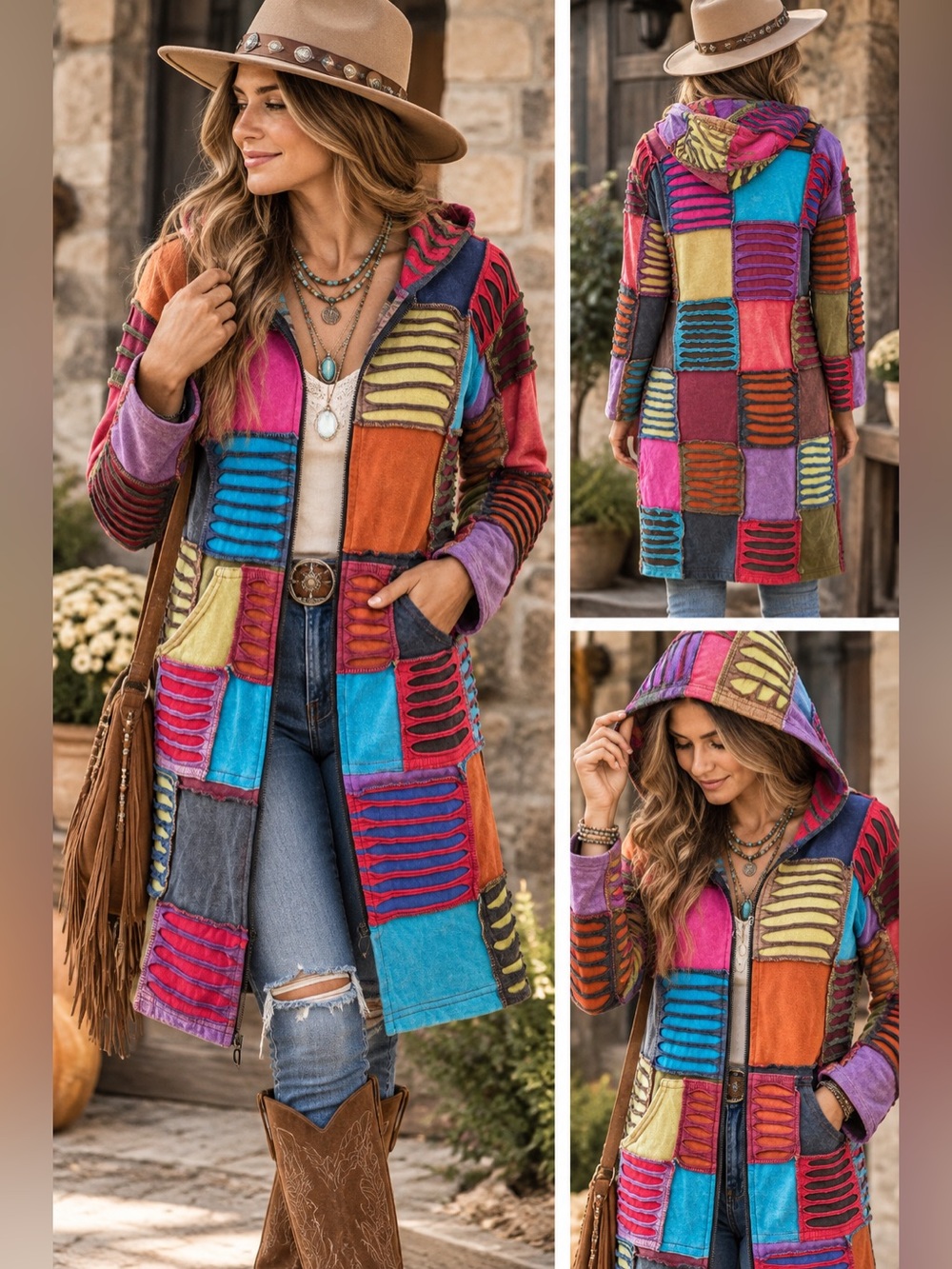 Rising International Boho Patchwork Hooded Jacket Coat Colorful Hippie Festival